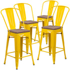 Flash Furniture 24" High Metal Counter Height Stool with Back & Wood Seat - Yellow-Curved Back with Vertical Slat