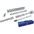 Gray Tools 17 Piece 1/2" Drive 6 Point Metric, Standard Chrome Socket & Attachment Set-Contains: 10, 11, 12, 13, 14, 15, 16, 17, 18, 19, 20, 21mm sockets, Reversible Ratchet, Flex Handle, Universal Joint, and 5" & 10" Extensions.