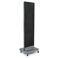Azar Displays 16"W x 60"H 2-Sided Pegboard Floor Display with 16" Wheeled Base, Solid Black (700253-BLK)-Includes Acrylic Sign Holder strip and stands on 20" W x 5" H x 16" D metal base on wheels. Overall height is 66"