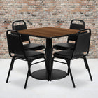 Flash Furniture 36" Square Walnut Laminate Table Set with Round Base & 4 Black Trapezoidal Back Banquet Chairs-Set Includes 4 Banquet Chairs, Square Table Top and Round Base