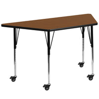 Flash Furniture Mobile 29.5"W x 57.25"L Trapezoid Oak HP Laminate Activity Table - Standard Height Adjustable Legs-Collaborative Trapezoid Activity Table