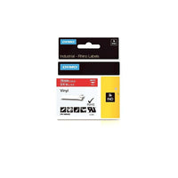 Dymo Rhino Industrial Vinyl Adhesive Labels, 3/4" x 18', White Print on Red-Vinyl labels offer moisture, chemical and UV resistance, making them ideal for labeling both indoors and outdoors