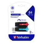Verbatim Store 'n' Go V3 64 GB USB 3.2 Gen 1 Flash Drive - Red/Blue - 2 Pack-Retractable USB connector means no cap to lose