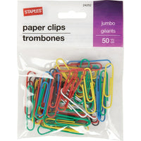 Staples Jumbo Vinyl-Coated Paper Clips - Assorted Colours - 50 Pack-Vinyl clips slide easily