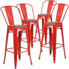 Flash Furniture 30" High Metal Barstool with Back & Wood Seat - Red-Curved Back with Vertical Slat