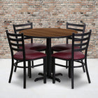 Flash Furniture 36" Round Walnut Laminate Table Set with X-Base & 4 Ladder Back Metal Chairs - Burgundy Vinyl Seat-Set Includes 4 Chairs, Round Table Top and X-Base