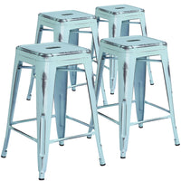 Flash Furniture Commercial Grade 24" High Backless Distressed Green-Blue Metal Indoor-Outdoor Counter Height Stool-Set of 4 Stackable Industrial Style Modern Stools