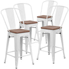 Flash Furniture 24" High Metal Counter Height Stool with Back & Wood Seat - White-Set of 4 Bistro Style Counter Stools