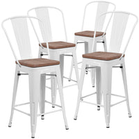 Flash Furniture 24" High Metal Counter Height Stool with Back & Wood Seat - White-Set of 4 Bistro Style Counter Stools