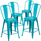 Flash Furniture Commercial Grade 24" High Crystal Teal-Blue Metal Indoor-Outdoor Counter Height Stool with Back-Set of 4 Bistro Style Counter Stools