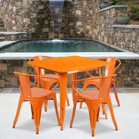 Flash Furniture – Table carrée en métal 31,5 po et 4 chaises à accoudoirs, int/ext, orange (ET-CT002-4-70-OR-GG)-Acier galvanisé, métal, caoutchouc