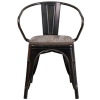 Flash Furniture Black-Antique Gold Metal Chair with Wood Seat & Arms-Set of 4 Stackable Bistro Style Chairs