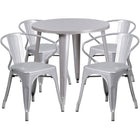 Ensemble avec table ronde en métal argenté et 4 sièges à bras ajourés, intérieur/extérieur, 30 po (CH-51090TH-4-18ARM-SIL-GG)-Ensembles pour l’intérieur et l’extérieur