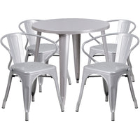 Ensemble avec table ronde en métal argenté et 4 sièges à bras ajourés, intérieur/extérieur, 30 po (CH-51090TH-4-18ARM-SIL-GG)-Ensembles pour l’intérieur et l’extérieur