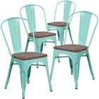 Flash Furniture - Chaise empilable en métal vert menthe avec siège en bois-Ensemble de 4 chaises empilables de style bistro