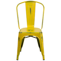 Flash Furniture Commercial Grade Distressed Metal Indoor-Outdoor Stackable Chair - Yellow-Set of 4 Stackable Bistro Style Chairs