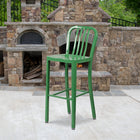 Flash Furniture Commercial Grade 30" High Green Metal Indoor-Outdoor Barstool with Vertical Slat Back - 2 Pack-Screw Leveling Floor Glides