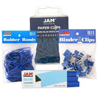JAM Paper Desk Supply Pack, Blue, 1 Rubber Bands 1 Binder Clips 1 Coloured Staples 1 Regular Paperclips (3345BUASRTD)-Assortment of Four Different Blue Desk Supplies