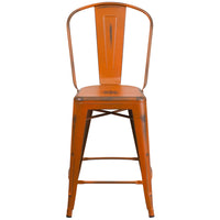Flash Furniture Commercial Grade 24" High Distressed Orange Metal Indoor-Outdoor Counter Height Stool with Back-Set of 4 Bistro Style Counter Stools