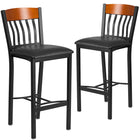 Flash Furniture Eclipse Series Vertical Back Black Metal & Cherry Wood Restaurant Barstool with Black Vinyl Seat - 2 Pack-Cherry Wood Vertical Slat Back Design