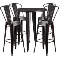 Table de bar ronde de 30 po en métal avec 4 tabourets à café, intérieur/extérieur, noir antique/or [CH-51090BH-4-30CAFE-BQ-GG]-Table de bar à café en métal