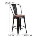 Flash Furniture 24" High Black-Antique Gold Metal Counter Height Stool with Back & Wood Seat-Floor Protector Plastic Glides