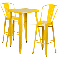 Flash Furniture 23.75" Square Yellow Metal Indoor-Outdoor Bar Table Set with 2 Stools with Backs-Bar Height Table and Stool Set