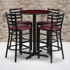 Flash Furniture 30" Round Mahogany Laminate Table Set with X-Base & 4 Ladder Back Metal Barstools - Burgundy Vinyl Seat-Set Includes 4 Barstools, Round Table Top and X-Base