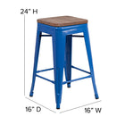 Flash Furniture 24" High Backless Metal Counter Height Stool with Square Wood Seat - Blue-Seat Width: 12"
