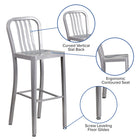 Flash Furniture Commercial Grade 30" High Silver Metal Indoor-Outdoor Barstool with Vertical Slat Back - 2 Pack-Silver Powder Coated Frame Finish