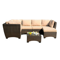 W Unlimited Outdoor Patio Furniture, Infinity Collection 7-Piece Set, Natural Timber Brown-Designer Contemporary Collection. High grade of 100% polyester wrapped around polyurethane foam. Specifically designed, woven, and treated for quick drying while resisting stains and UV harm