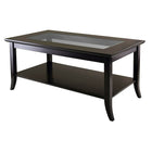Winsome Genoa Rectangular Coffee Table, Glass Inset, One Shelf, Espresso-Genoa Rectangular Coffee Table with Glass inset and shelf.   Overall table size is 18" H. x 40" W. x 22.28" D.  Table top size is 40" W. x 22.28" D., Tempered Glass size is 30.43" W. x 12.48" D.  Shelf size is 36.85" W. x 19.13" D.  Wood is made with combination of solid and composite wood in dark espresso finish.  Assembly Required.