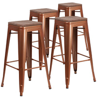 Flash Furniture 30" High Backless Copper Barstool with Square Wood Seat-Set of 4 Stackable Industrial Style Modern Stools