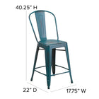 Tabouret à hauteur de comptoir pour l'intérieur et l'extérieur de 24 po haut. en métal Bleu-Sarcelle Kelly vieilli avec dossier-Conception légère