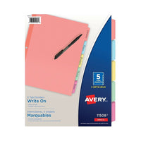 Avery Plain Tab Write On Dividers, 5 Tabs, 3 sets, Multi-colour (11508)-Write-On Divider
