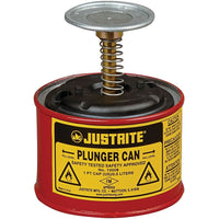 Justrite Plunger Cans, 1 Pint, 4 7/8" x 6"-Dispense flammable liquids and solvents safely onto cloths or swabs without waste or exposure