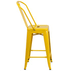 Tabouret à hauteur de comptoir de qualité commerciale, de 24 po avec dossier en métal jaune pour l'intérieur et l'extérieur-Le trou de vidange du siège facilite le séchage