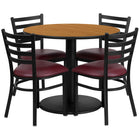 Flash Furniture – Table ronde de 36 po, dessus stratifié naturel et base ronde et 4 chaises en métal, siège en vinyle bourgogne-Armature de chaise et de table thermolaquée noire