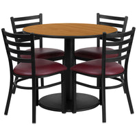 Flash Furniture – Table ronde de 36 po, dessus stratifié naturel et base ronde et 4 chaises en métal, siège en vinyle bourgogne-Armature de chaise et de table thermolaquée noire