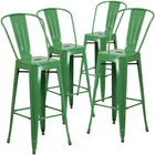 Flash Furniture Commercial Grade 30" High Green Metal Indoor-Outdoor Barstool with Back-Set of 4 Bistro Style Bar Stools