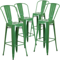 Flash Furniture Commercial Grade 30" High Green Metal Indoor-Outdoor Barstool with Back-Set of 4 Bistro Style Bar Stools