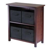 Winsome – Étagère de rangement M Verona à 2 sections avec 4 paniers pliables noirs en tissu, noyer antique-Cette tablette de rangement comprend 4 paniers pliables noirs en tissu