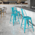 Flash Furniture Commercial Grade 24" High Crystal Teal-Blue Metal Indoor-Outdoor Counter Height Stool with Back-Floor Protector Rubber Glides