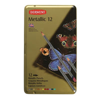 Derwent Metallic Pencils Colour Tin - 12 Pack-Add a light metallic wash to dissolve the pigment further; pre-sharpened with a sure hexagonal grip