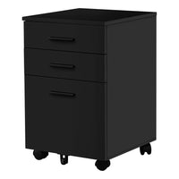 Monarch Specialties 7781 3-Drawer Filing Cabinet - Black -Ample surface space for use as a printer stand, the file cabinet on wheels also boasts smooth drawer glides, 2 letter-sized drawers for books, envelopes, or other files, 1 larger cabinet drawer for legal-sized documents (drawers do not lock)