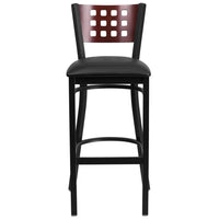 Flash Furniture HERCULES Series Black Cutout Back Metal Restaurant Barstool - Mahogany Wood Back, Black Vinyl Seat - 2 Pack-Set of 2 Metal Dining Bar Stools