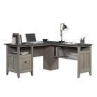 Sauder 59"W August Hill L-Desk - Mystic Oak-Grommet holes and pass-throughs for cord management