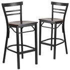 Flash Furniture HERCULES Series Black Two-Slat Ladder Back Metal Restaurant Barstool - Walnut Wood Seat - 2 Pack-Ladder Back Design