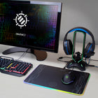 Enhance - Support pour casque de jeu  3 en 1 à DEL avec souris Bungee et concentrateur USB à 2 ports-SUPPORT POUR ÉCOUTEURS: Présente et range vos écouteurs de jeu sur un support élégant avec un éclairage personnalisable. Récupère de l'espace de bureau et a l'air super sur tout bureau de joueur!