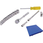 Gray Tools 29 Piece 1/4" Drive, 6 Point Metric Standard & Deep, Chrome Socket & Attachment Set-Contains: Standard 4, 5, 6, 7, 8, 9, 10, 11, 12, 13, 14mm sockets, Deep 4, 5, 5.5, 6, 7, 8, 9, 10, 11, 12, 13, 14mm sockets, Reversible Ratchet, U-Joint , 2" & 6" Extensions and Hand Driver.